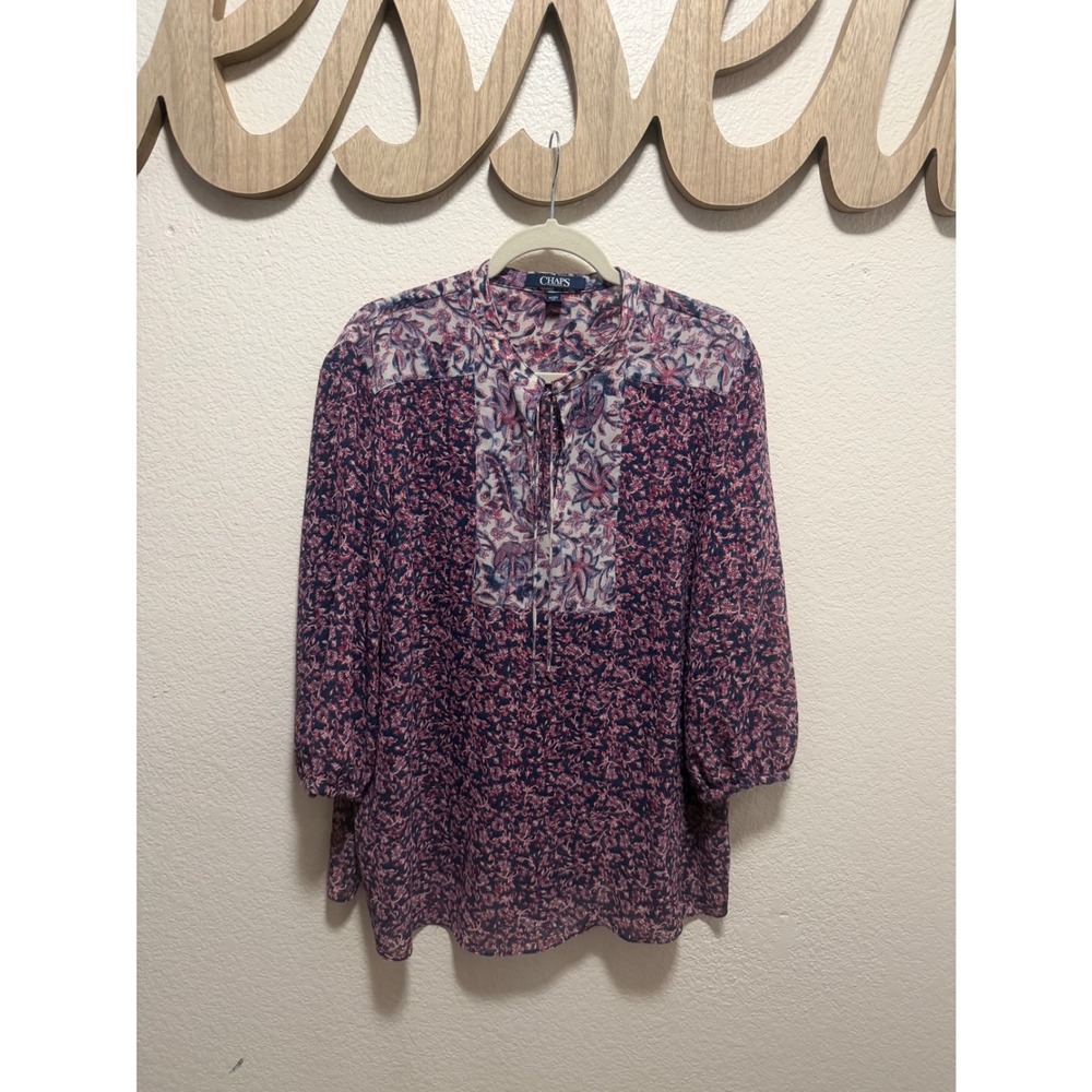 Chaps Womens 1X Floral Paisley Peasant Blouse Pink Blue 3/4 Sleeve Tie Neck Top